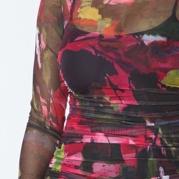 Mock neck print Midi dress w/ruched mesh details - Picture 3 of 8